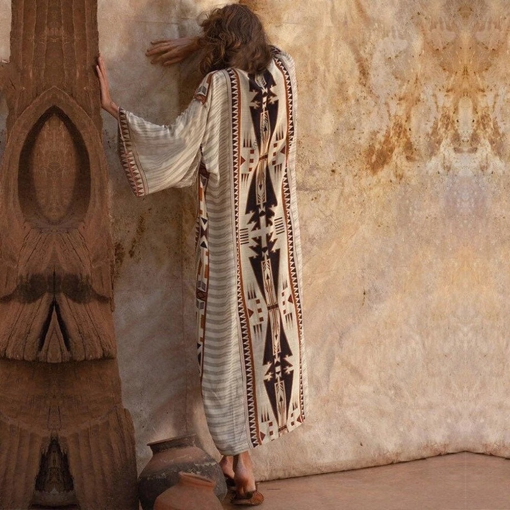 Western Boho Aztec Tribal Cotton Kimono Duster Wrap - Picture 5 of 7